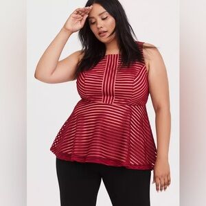 Torrid Red Beige Lined Knit Shadow Stripe Peplum Textured Top Blouse Size 1X.